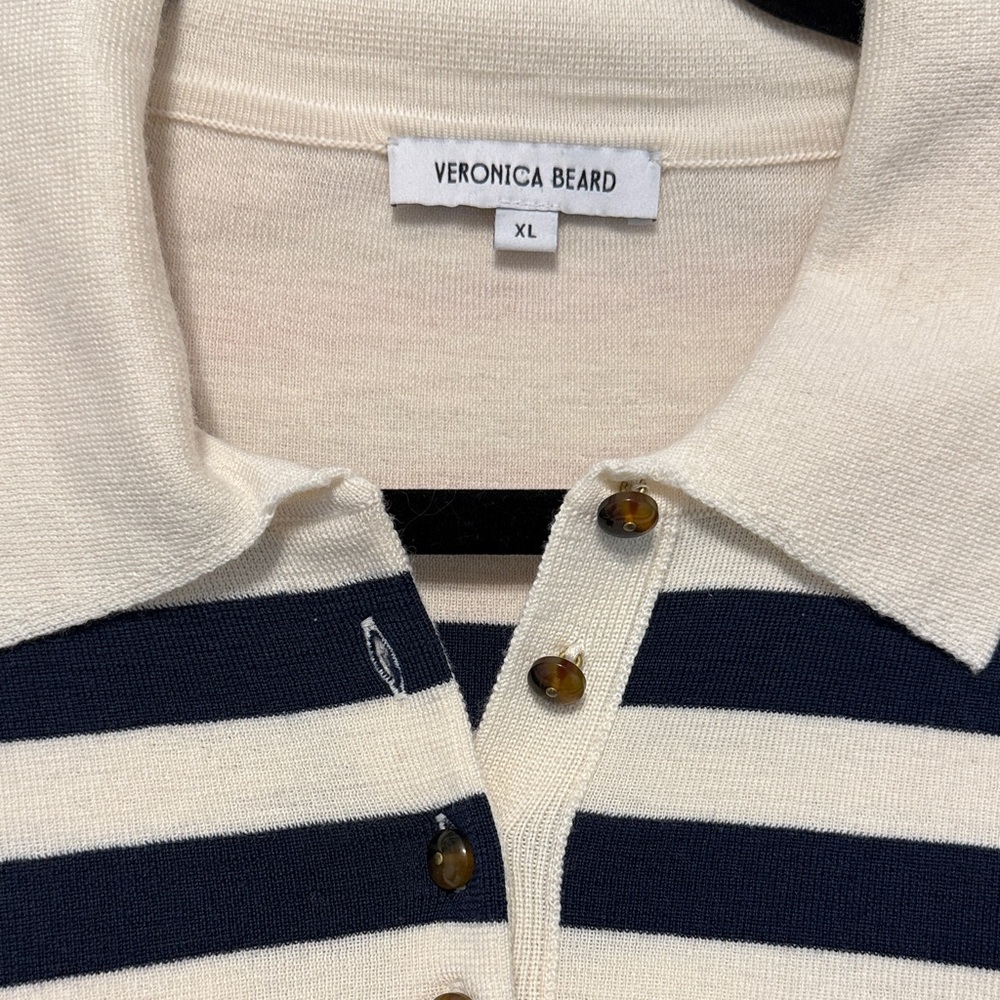 Veronica Beard Cream and Navy Striped V-Neck Sweater - Picture 3 of 6